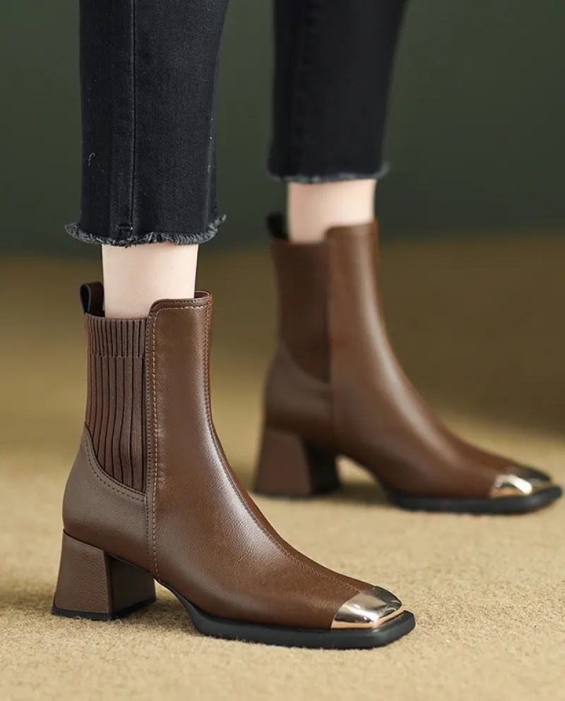 And  Style Metal Square-toe Short Boots For Autumn And Winter New Style Woolen Mouth Slim Martin Boots Thick Heel High