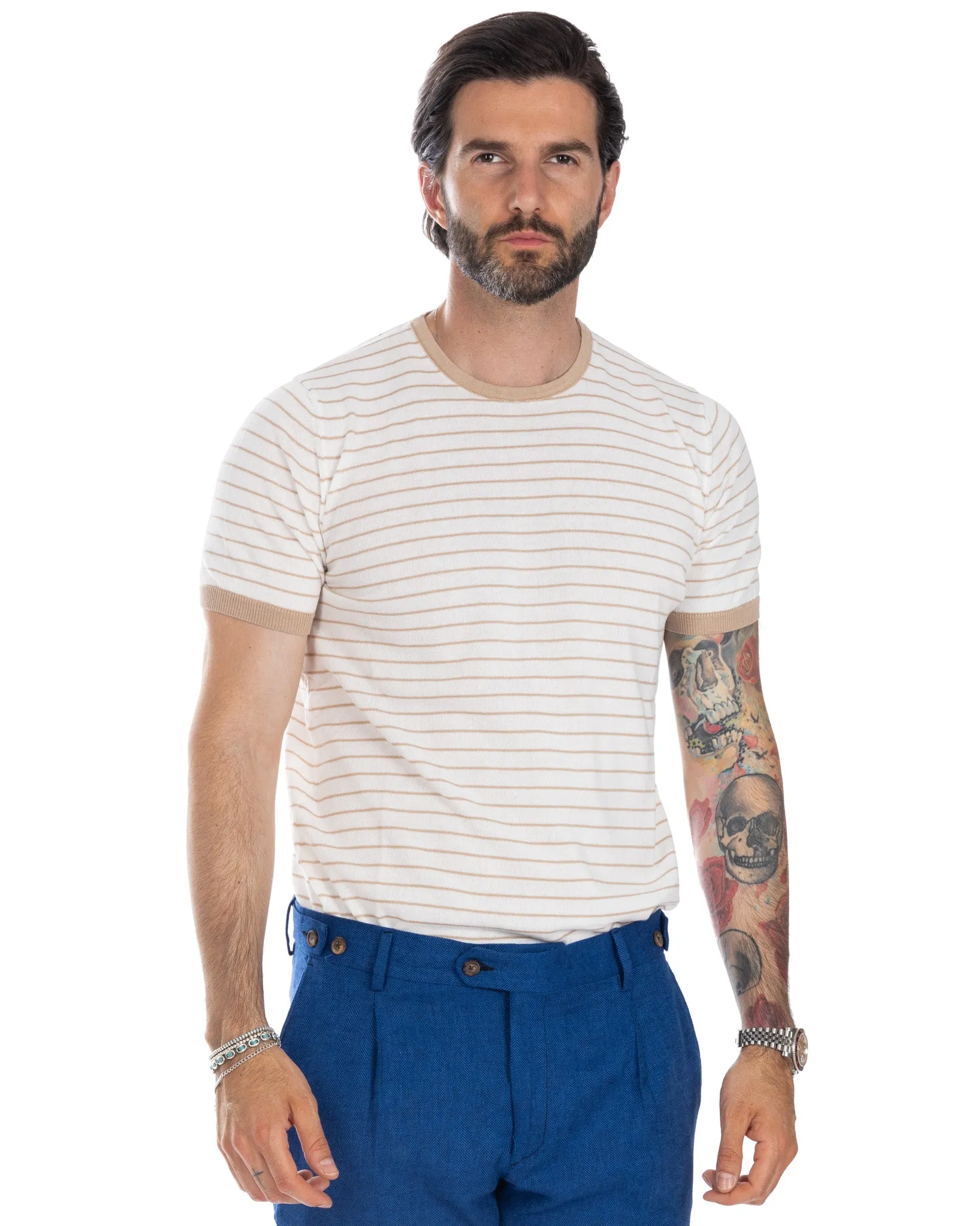 Corrado - t-shirt a maglia righe beige