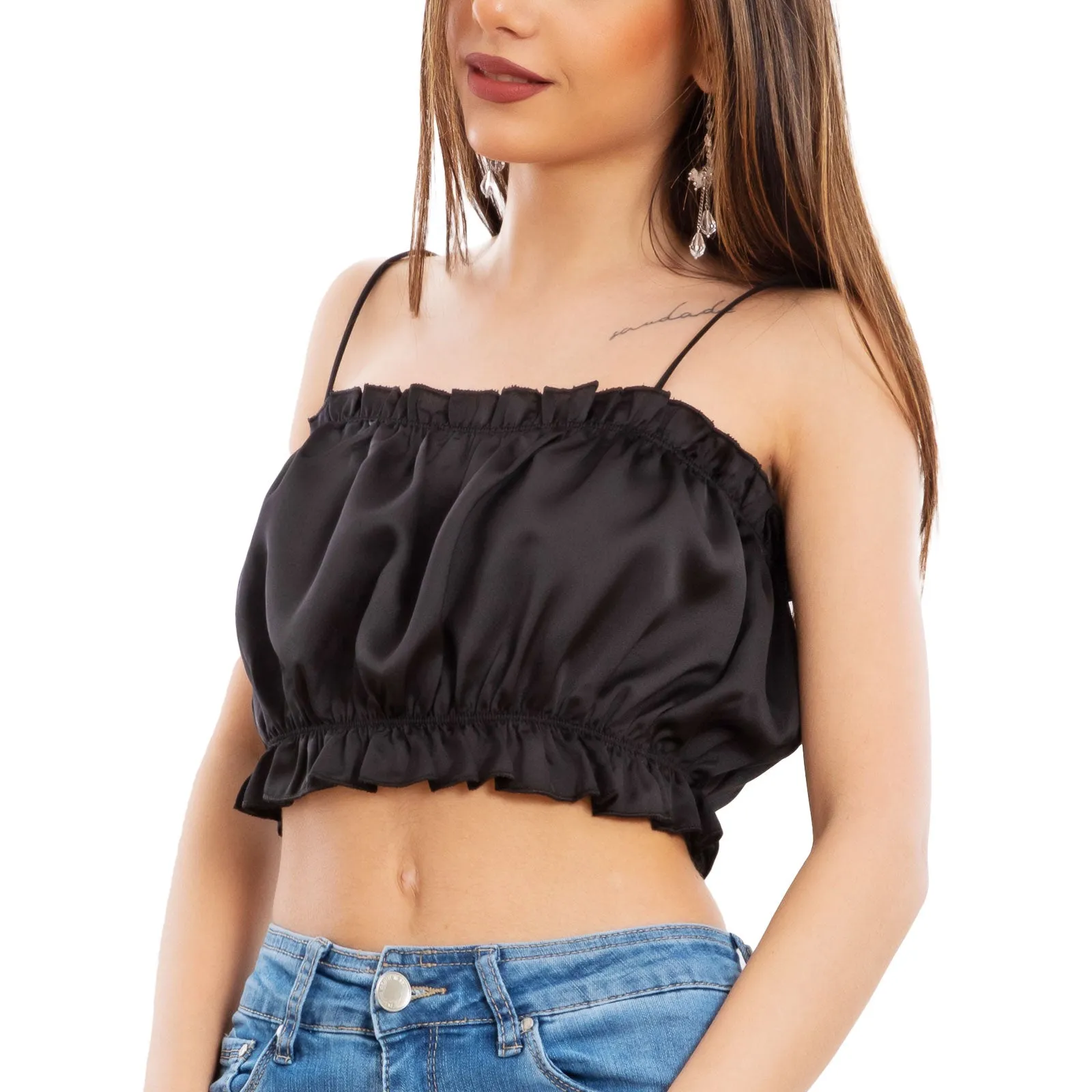 Crop Top Donna Raso Arricciato Elegante Vb-1632
