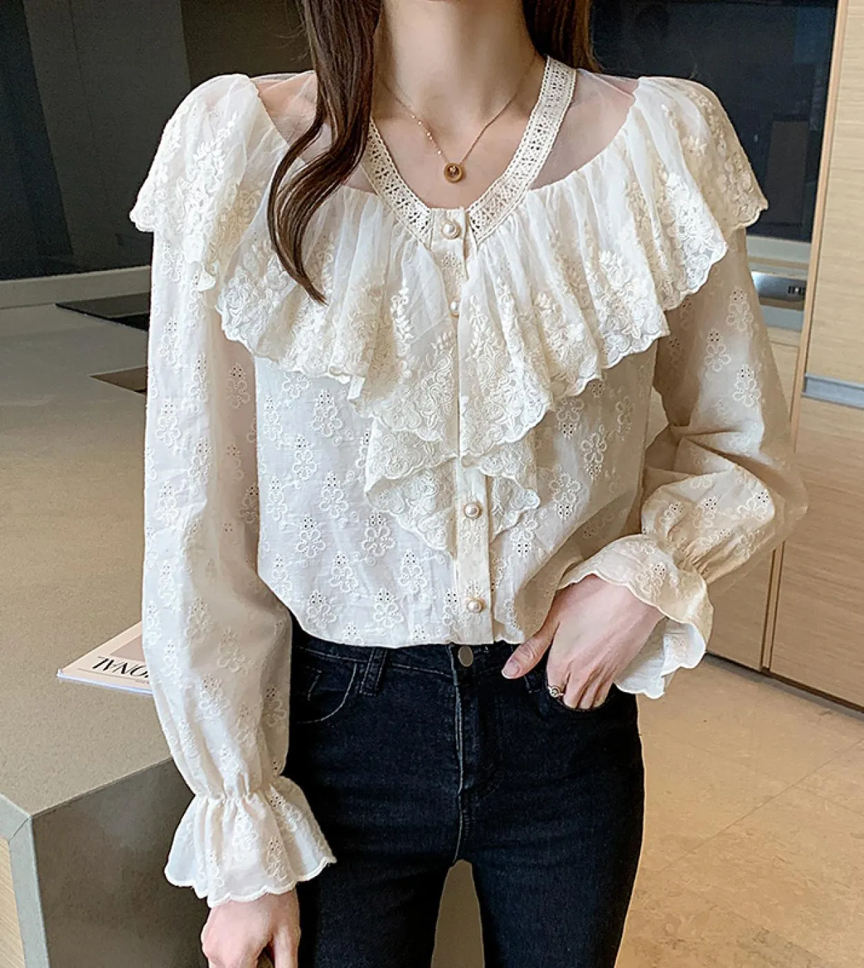 Elegante camicetta da donna con cuciture arricciate camicetta svasata a maniche lunghe albicocca camicetta da donna con scollo a