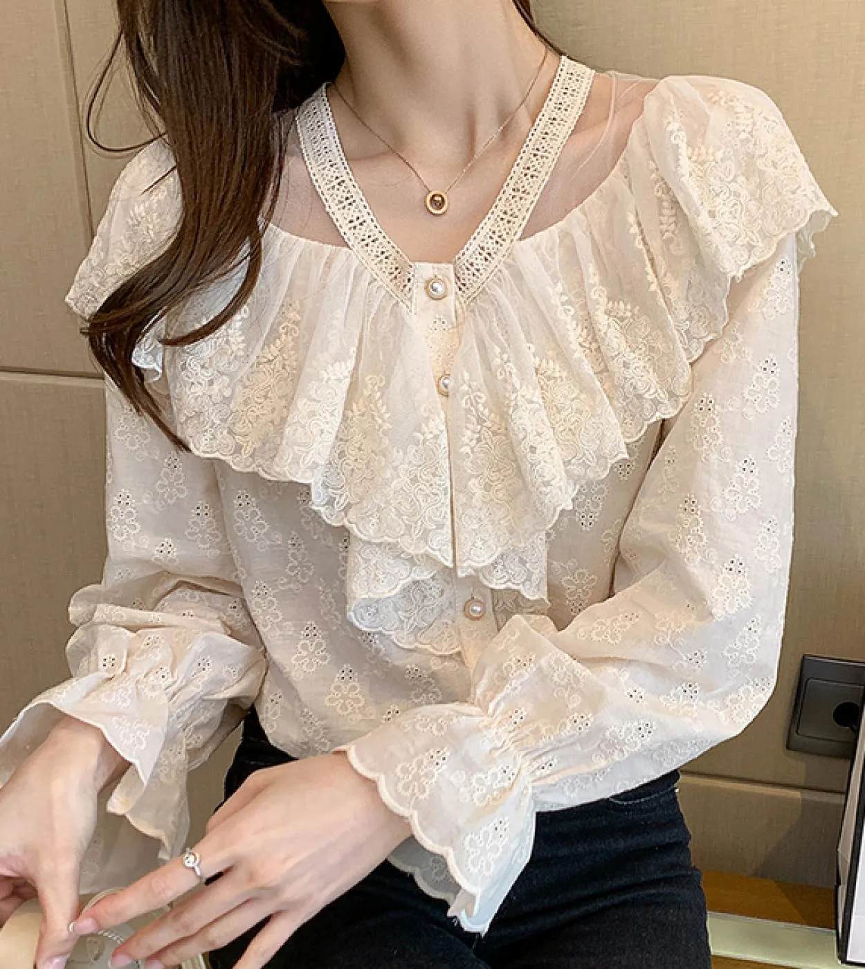 Elegante camicetta da donna con cuciture arricciate camicetta svasata a maniche lunghe albicocca camicetta da donna con scollo a