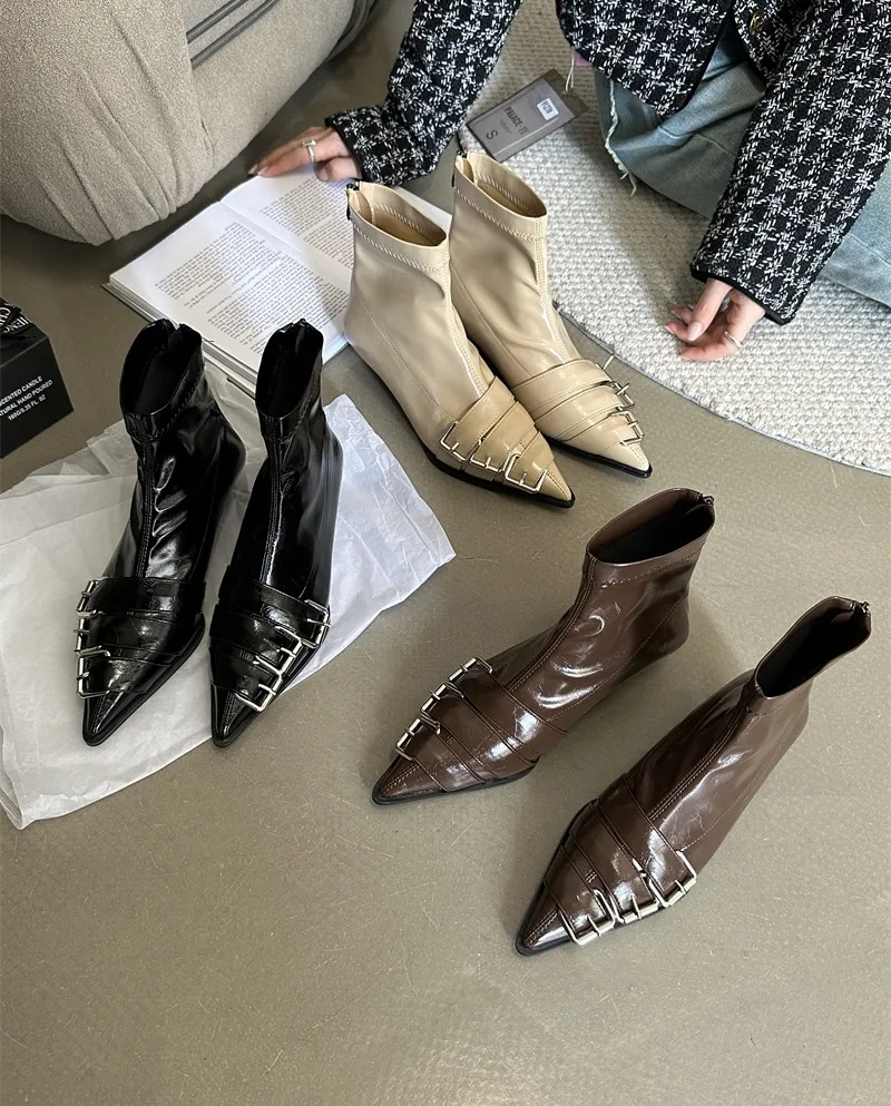 Fashionable Short Boots Autumn New Retro Pointed Toe Low Heel Belt Buckle Street Dark Motorcycle Boots Stiletto Martin B