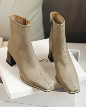 French Temperament Short Boots For Women In Autumn And Winter New Thick Heel Nude Boots Square Toe High Heel Slim Boots