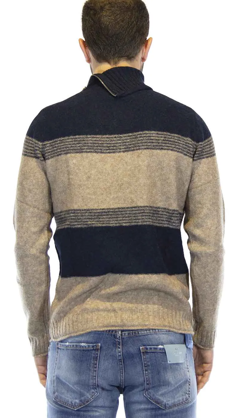 Gaudì Maglione uomo collo alto, con zip laterale in lana beige e blu.