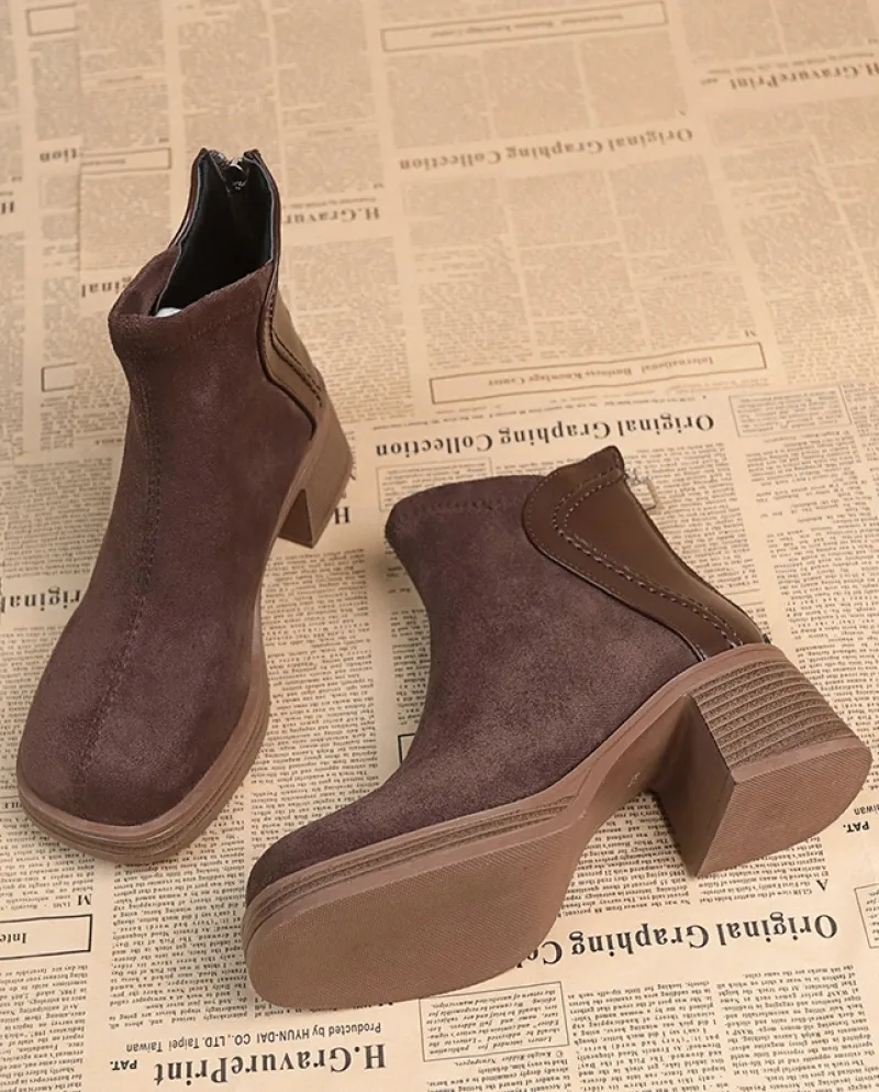 High-heeled Retro Short Boots For Women In Autumn And Winter, New Temperament, Tall And Small, Thick-heeled Brown Martin