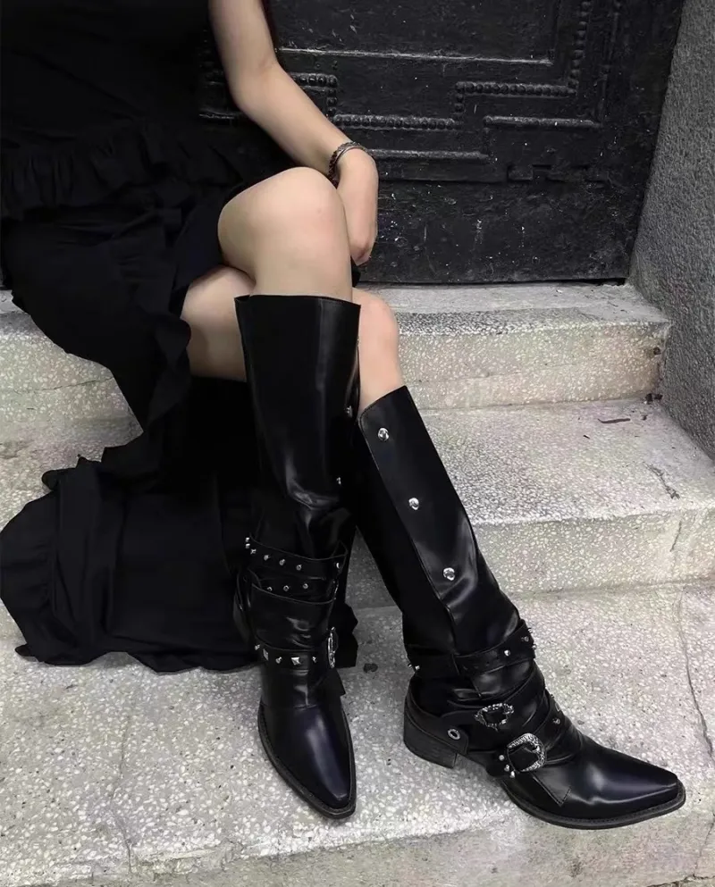 Pointed Hot Girl Thick Heel Knight Boots Black Punk Style Niche Personality Boots  Wasteland Style Boots For Women Retro