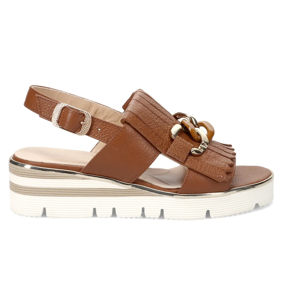 Sandalo da donna Sangiorgio in pelle color cuoio con frangia e zeppa comoda
