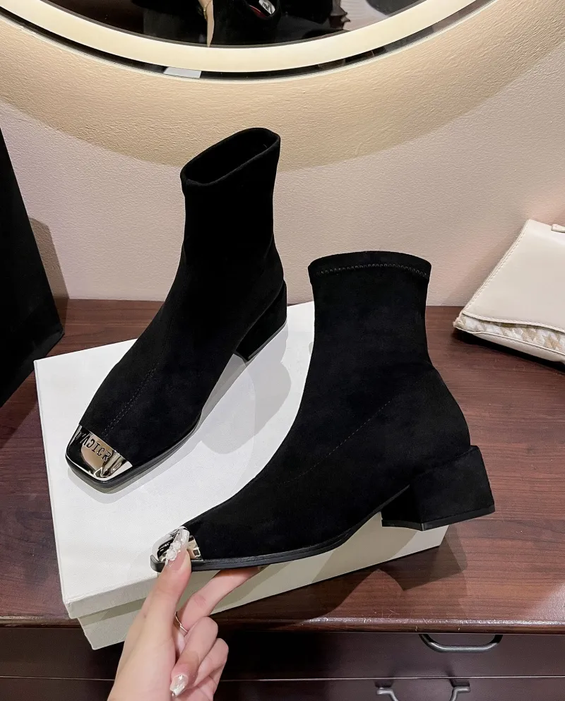 Suede Short Boots For Women, Autumn New Style, Thick Heel, Metal Square Toe, Medium Heel, Elastic Slim Sock Boots
