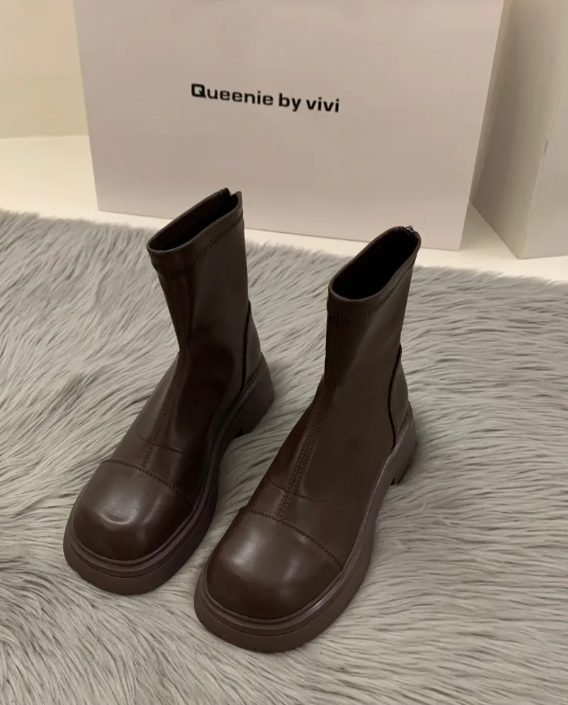 Thick-soled White Thin Martin Boots Women's Boots French Nude Boots Khaki Short Boots Spring And Autumn Single Boots